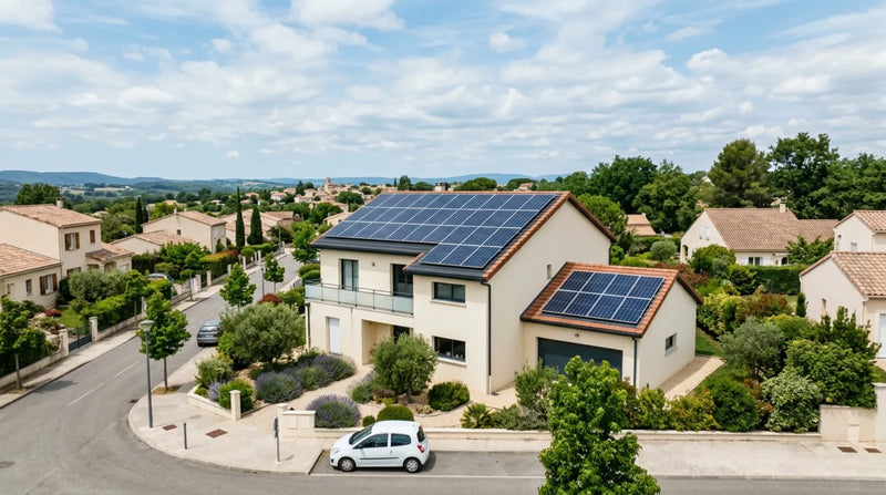 Maison individuelle française avec kit solaire sur le toit principal et un second kit plus petit sur le garage, illustrant deux puissances de panneaux.