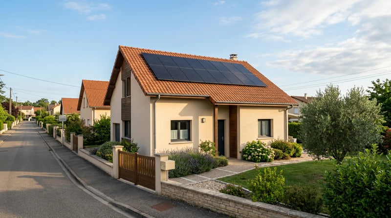 Maison individuelle française avec un kit solaire de 8 panneaux photovoltaïques installés sur une toiture en tuiles, sous un ciel bleu.