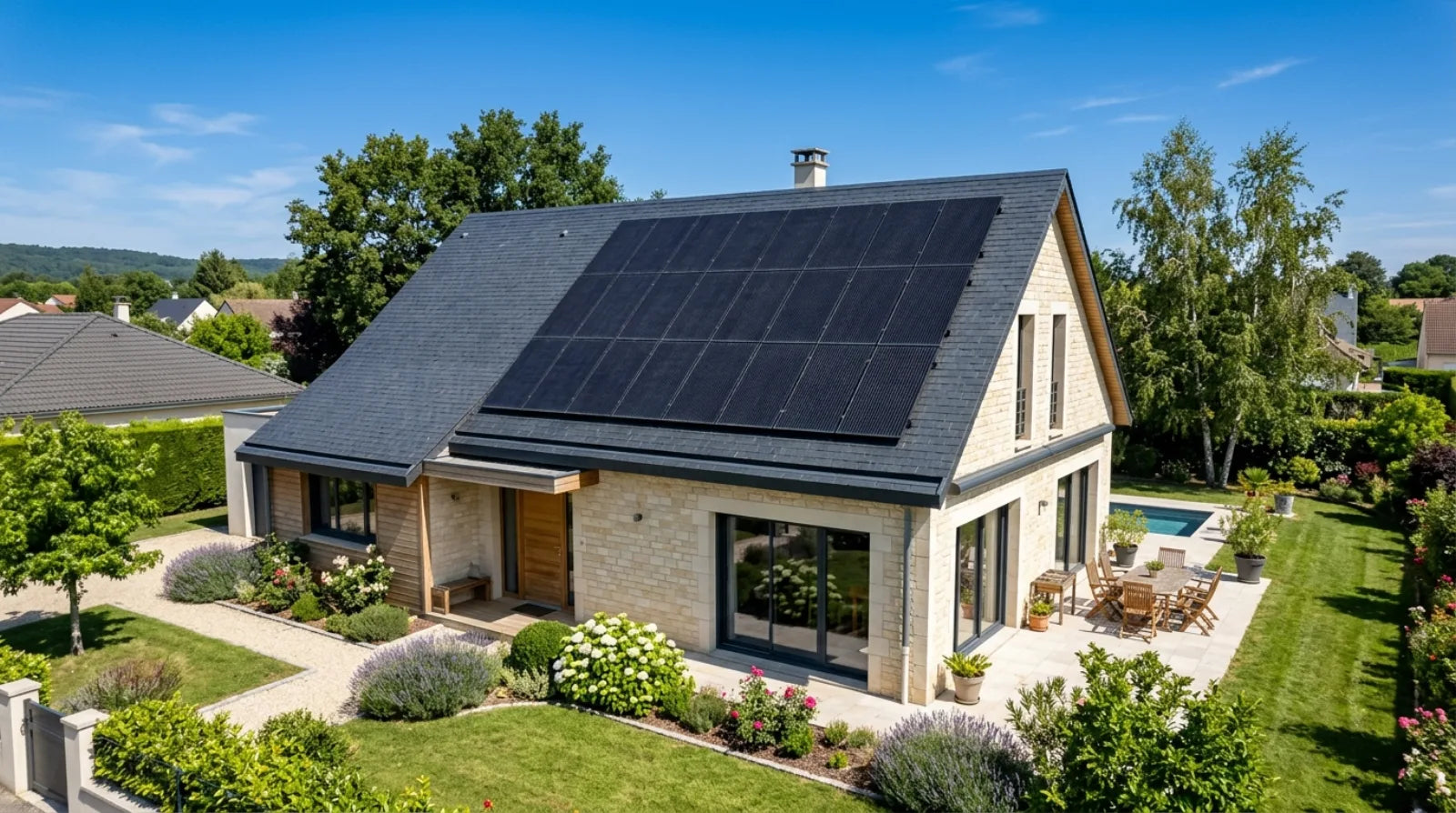 Maison individuelle française avec 12 panneaux solaires monocristallins noirs sur toit ardoise, jardin soigné, ciel bleu