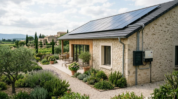 Maison en pierre avec panneaux solaires en toiture et onduleur installé en façade, illustrant un kit solaire 9 kWc raccordé en monophasé.