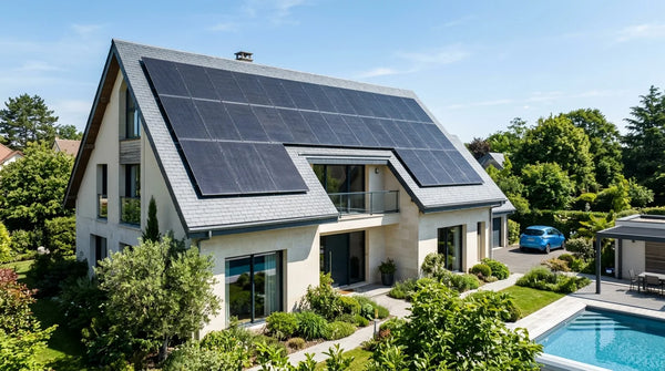 Kit solaire 9 kWc installé sur toiture de maison individuelle en France : 20 panneaux solaires monocristallins haute performance orientés plein sud — illustration Content Engine 2026