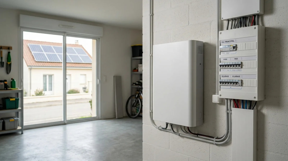 Batterie de stockage domestique murale à côté d'un tableau électrique, dans une maison individuelle moderne avec panneaux solaires visibles par la fenêtre