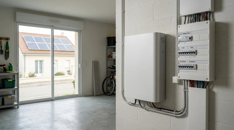 Batterie de stockage domestique murale à côté d'un tableau électrique, dans une maison individuelle moderne avec panneaux solaires visibles par la fenêtre