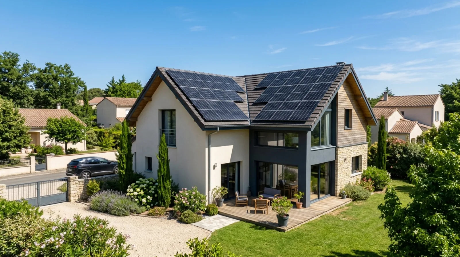 Maison individuelle française avec panneaux solaires installés sur toiture, kit solaire 9 kWc monophasé pour autoconsommation