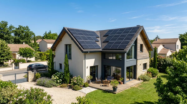 Maison individuelle française avec panneaux solaires installés sur toiture, kit solaire 9 kWc monophasé pour autoconsommation
