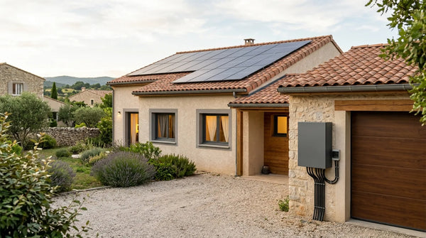 Maison française avec panneaux solaires en toiture et batterie de stockage domestique installée en façade près du garage, lumière de fin de journée.