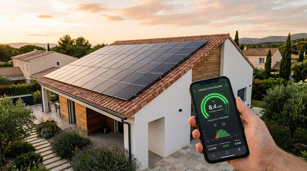 Panneaux solaires monocristallins sur toit d'une maison individuelle française avec smartphone affichant l'application PV Master de monitoring solaire en temps réel