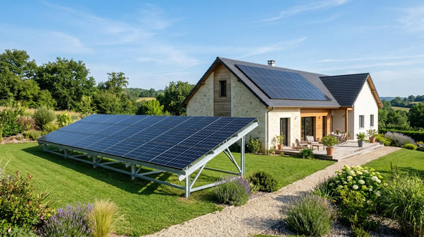 Maison individuelle en France avec panneaux solaires en toiture et structure solaire au sol dans le jardin, comparaison des deux modes de pose.