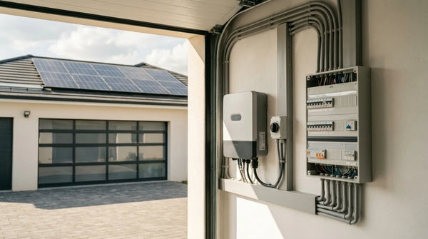 Onduleur solaire et tableau électrique installés dans un garage, avec panneaux photovoltaïques visibles sur le toit d'une maison individuelle.