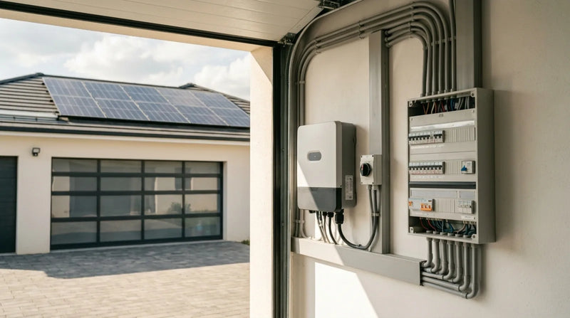 Onduleur solaire et tableau électrique installés dans un garage, avec panneaux photovoltaïques visibles sur le toit d'une maison individuelle.