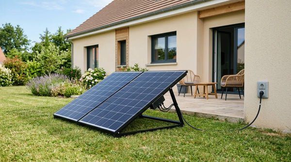 Kit solaire plug and play posé au sol dans un jardin, panneaux inclinés reliés à une prise électrique extérieure d'une maison française