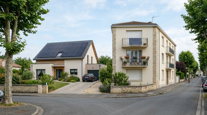 Rue résidentielle française avec une maison aux panneaux solaires en toiture et un immeuble équipé d'un panneau solaire plug and play sur balcon.