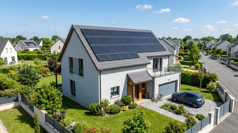 Maison individuelle française dont la toiture est entièrement équipée de panneaux solaires photovoltaïques, sous un ciel dégagé en plein jour.
