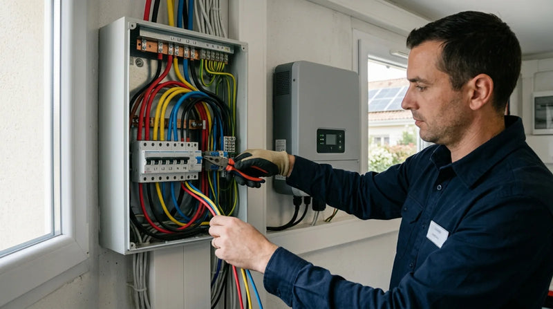 Électricien réglant un tableau électrique triphasé à côté d'un onduleur solaire, dans une maison française avec panneaux visibles en arrière-plan.