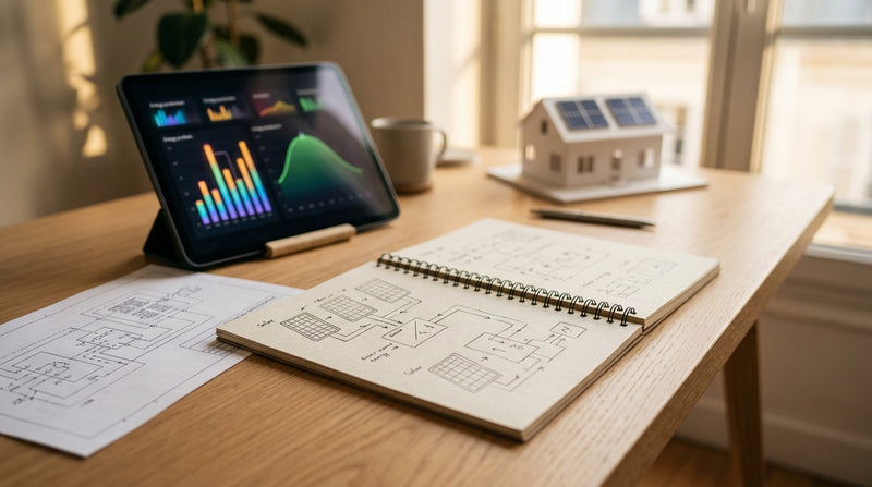 Bureau avec notebook de diagrammes solaires, tablette affichant dashboard énergétique, feuille technique et maquette de maison avec panneaux solaires