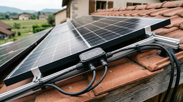 Schéma illustratif d'une installation photovoltaïque avec légendes des composants — panneau, onduleur, batterie, compteur — sur fond bleu ciel ensoleillé