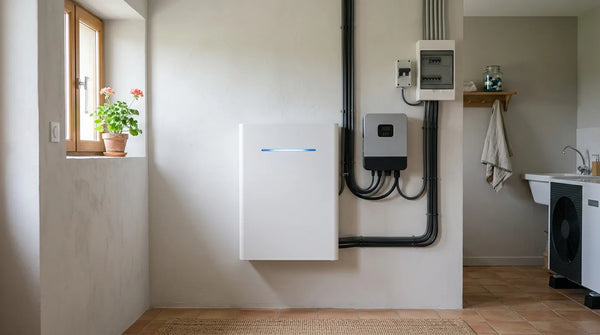 Batterie résidentielle Livoltek montée sur mur blanc dans local technique, à côté d'un onduleur hybride Livoltek