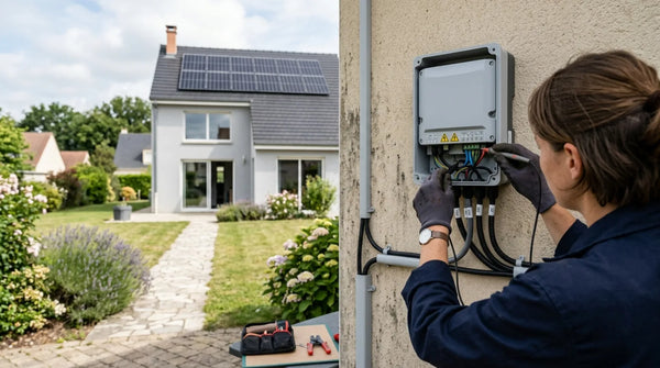 Technicien installant un onduleur solaire hybride sur le mur d'une maison individuelle équipée de panneaux photovoltaïques en toiture, en France.