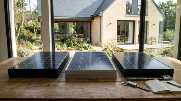 Trois piles de panneaux solaires monocristallins disposées côte à côte sur une table d'atelier en bois devant une maison française en pierre claire à la lumière naturelle — illustration d'un comparatif des marques de panneaux