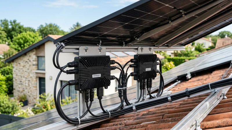 Micro-onduleurs solaires noirs fixés sous des panneaux photovoltaïques sur une toiture de maison française, câblage visible, lumière naturelle