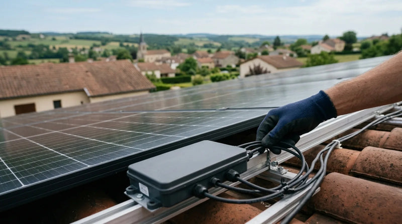 Technicien installant un micro-onduleur solaire sous des panneaux photovoltaïques sur un toit résidentiel, village français en arrière-plan.