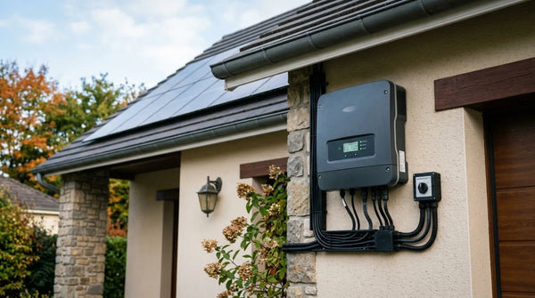 Onduleur solaire mural installé sur une maison française avec panneaux photovoltaïques en toiture, câblage visible, lumière naturelle du matin.