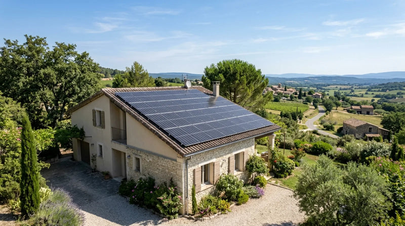 Toiture de maison individuelle française entièrement équipée de panneaux solaires photovoltaïques, vue aérienne par temps ensoleillé