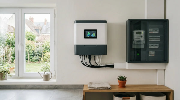 Onduleur solaire mural moderne avec écran tactile affichant des courbes de production et un compteur électrique intelligent dans la buanderie d'une maison française à la lumière naturelle