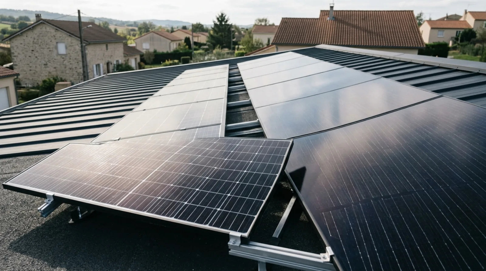 Gros plan sur des panneaux solaires monocristallins bifaciaux installés sur le toit d'une maison individuelle française, lumière naturelle.