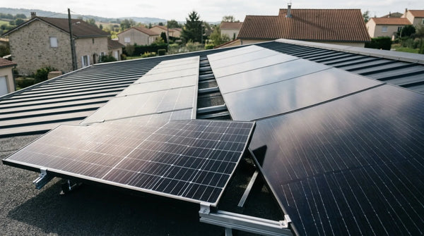 Gros plan sur des panneaux solaires monocristallins bifaciaux installés sur le toit d'une maison individuelle française, lumière naturelle.