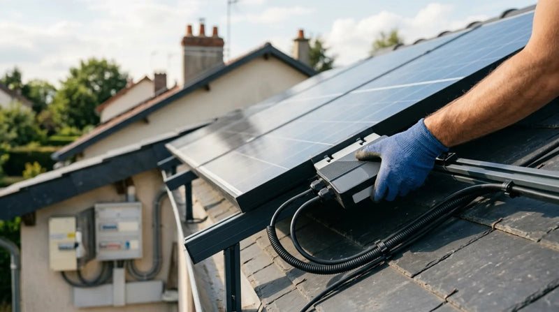 Technicien installant un micro-onduleur solaire sur une toiture résidentielle française, câbles raccordés vers le tableau électrique en arrière-plan.