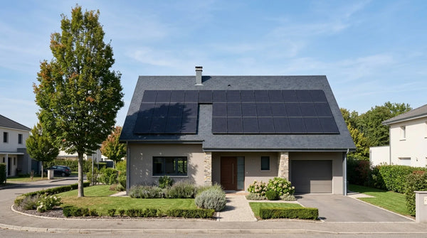 Maison française contemporaine en banlieue avec panneaux solaires en toiture partiellement traversés par l'ombre d'un grand arbre voisin sous un ciel bleu de fin d'après-midi