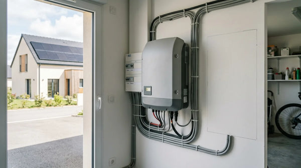 Onduleur solaire hybride installé dans un garage, emplacement libre pour ajouter une batterie plus tard, maison à panneaux solaires en arrière-plan