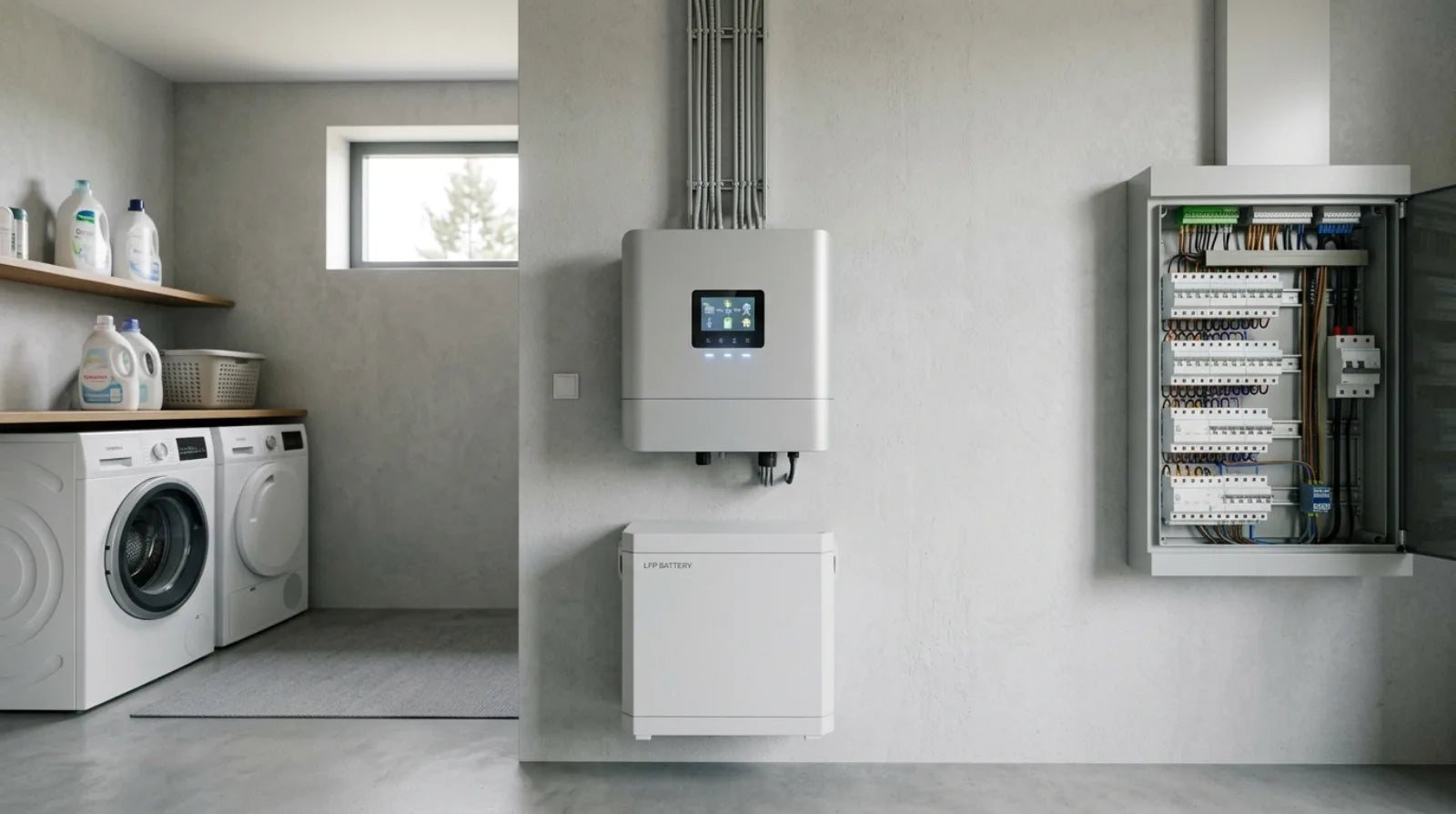 Onduleur solaire hybride mural avec batterie LiFePO4 installés dans la buanderie d'une maison française à côté du tableau électrique