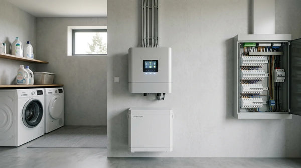Onduleur solaire hybride mural avec batterie LiFePO4 installés dans la buanderie d'une maison française à côté du tableau électrique
