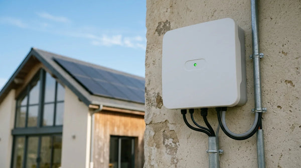 Gros plan sur un onduleur solaire résidentiel au mur, voyant vert allumé, avec en arrière-plan une toiture française équipée de panneaux solaires.