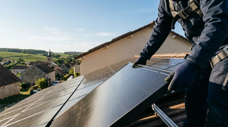 Technicien installant un panneau solaire bifacial 500W sur une toiture résidentielle française ensoleillée