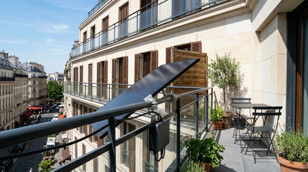 Panneau solaire photovoltaïque fixé sur la rambarde d'un balcon d'appartement parisien avec micro-onduleur — solution d'autoconsommation pour locataires et copropriétaires en 2026