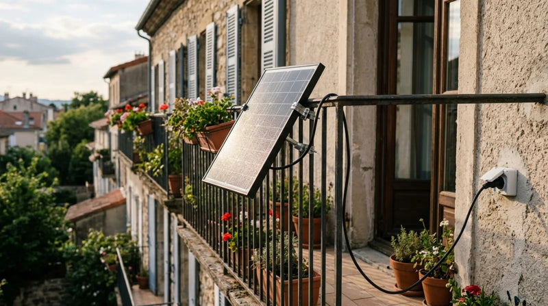 Panneau solaire plug and play fixé sur un garde-corps de balcon, câble relié à une prise murale extérieure, habitat résidentiel français.