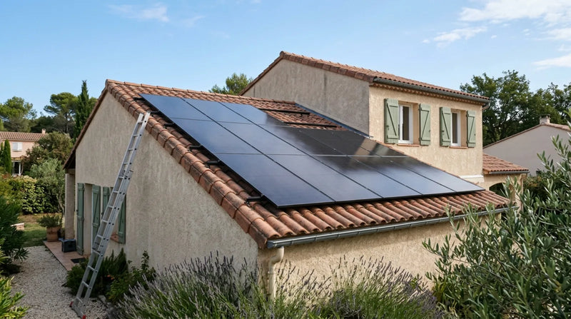 Panneaux solaires fixés sur une toiture en tuiles d'une maison française, rails et crochets visibles, échelle en place pour l'inspection technique.