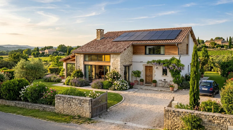 Maison en pierre avec panneaux solaires en toiture, jardin fleuri et allée, illustrant la valorisation immobilière d'un bien équipé en solaire.