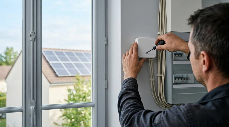 Technicien installant une passerelle de communication solaire près du tableau électrique, panneaux photovoltaïques visibles sur le toit voisin.
