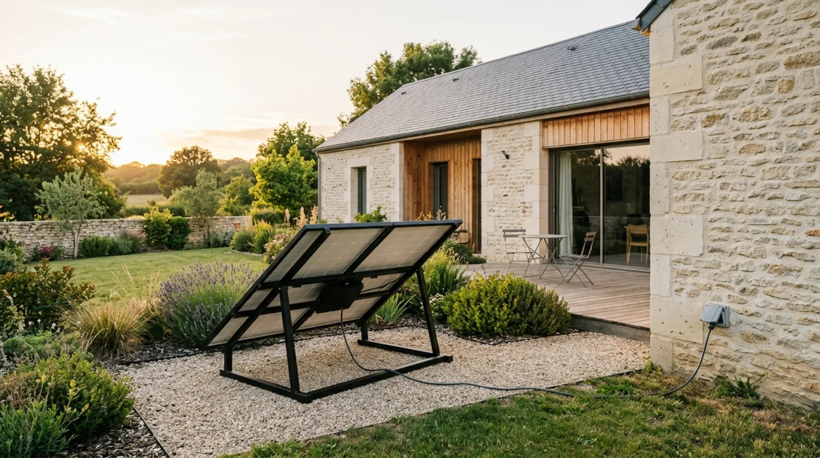 Kit panneau solaire plug and play monté sur support au sol dans le jardin d'une maison française en pierre, câble branché à une prise extérieure étanche IP44 à la lumière dorée du soir