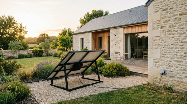 Kit panneau solaire plug and play monté sur support au sol dans le jardin d'une maison française en pierre, câble branché à une prise extérieure étanche IP44 à la lumière dorée du soir