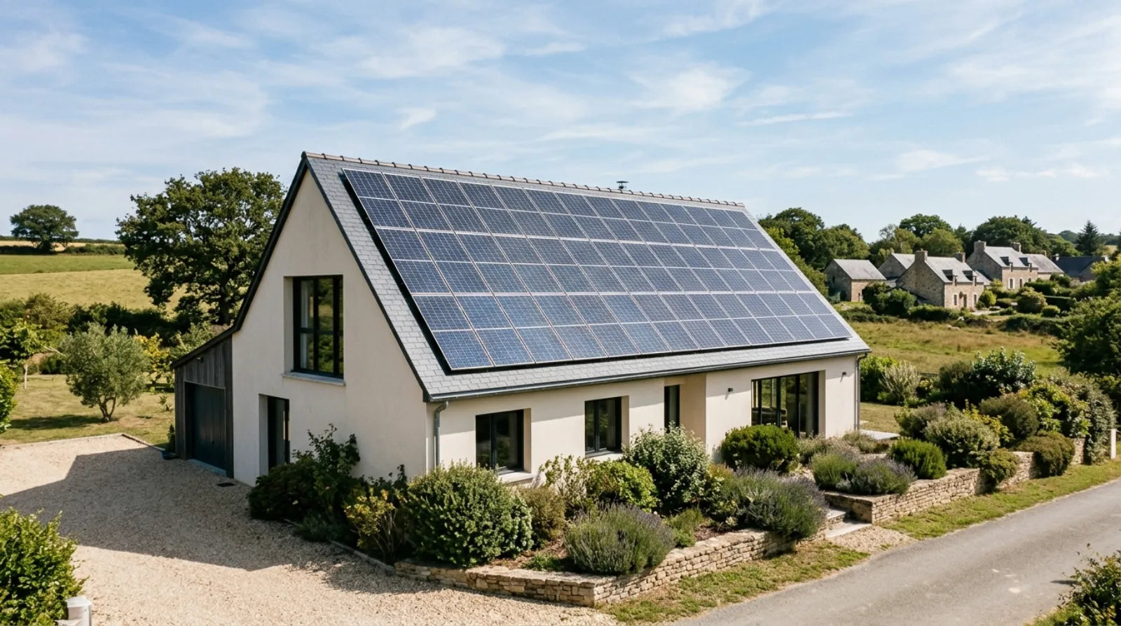 Maison en France avec toiture couverte de panneaux solaires, illustrant le dimensionnement d'une installation photovoltaïque résidentielle.