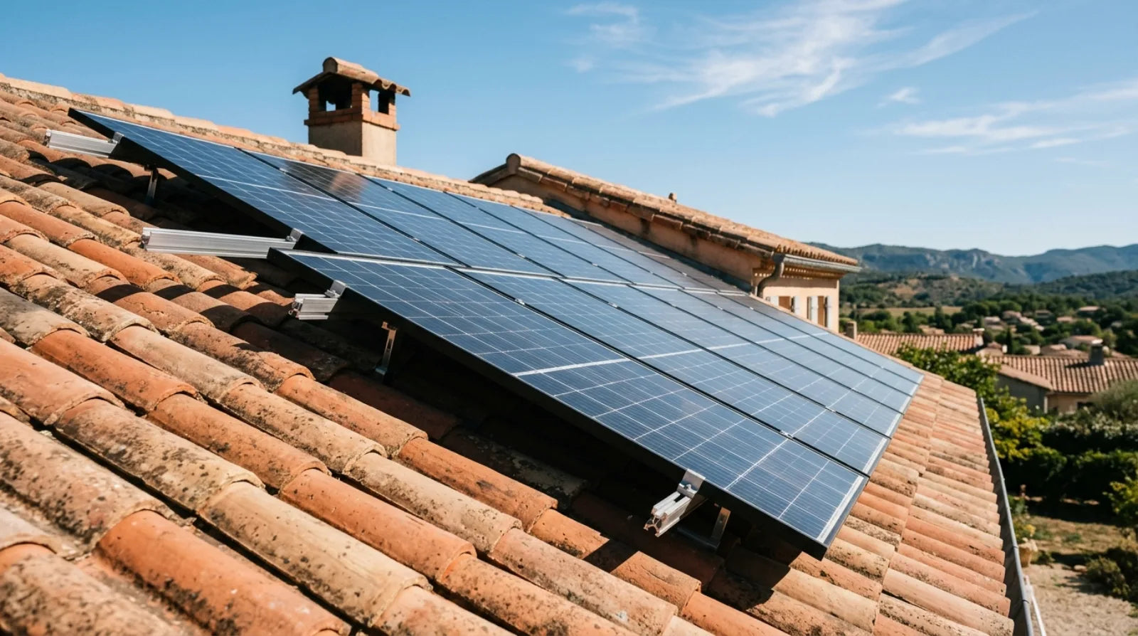 Panneaux solaires inclinés sur toit en tuiles d'une maison résidentielle française, orientation face au soleil, ciel dégagé.