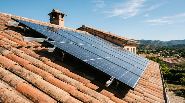 Panneaux solaires inclinés sur toit en tuiles d'une maison résidentielle française, orientation face au soleil, ciel dégagé.