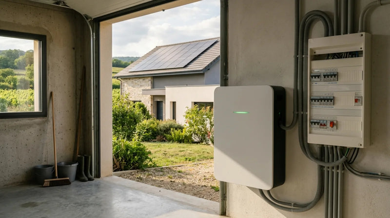 Batterie de stockage domestique Sunology installée près du tableau électrique d'une maison avec panneaux solaires en toiture, lumière naturelle.