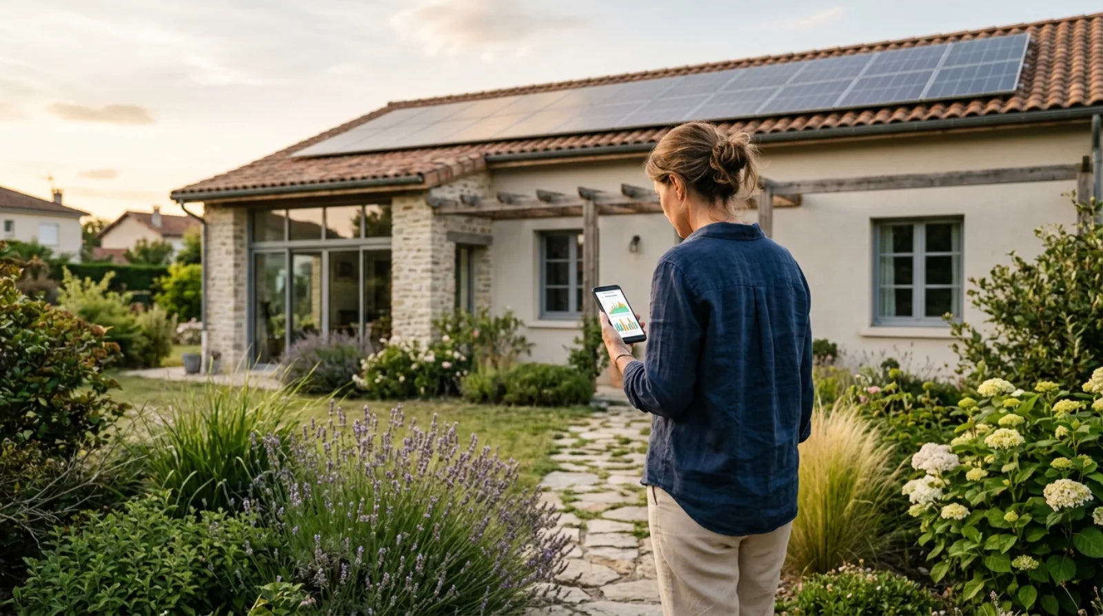 Propriétaire consultant l'application de monitoring solaire sur son smartphone devant une maison à panneaux photovoltaïques, au coucher du soleil