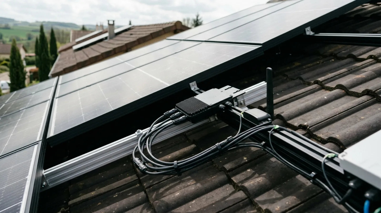 Toiture résidentielle française avec panneaux solaires et micro-onduleurs en gros plan, illustrant le monitoring solaire connecté